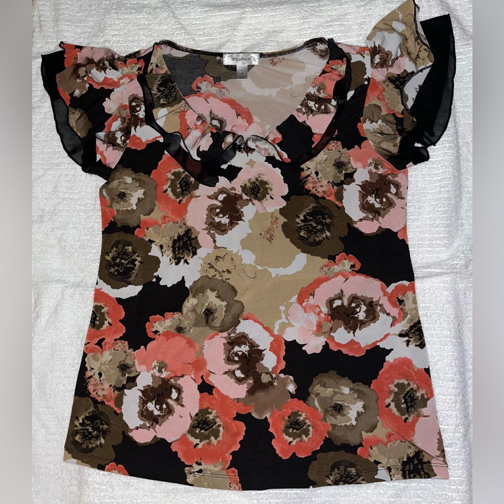 Dressbarn Black Floral Ruffle-Sleeve Scoop Neck Top